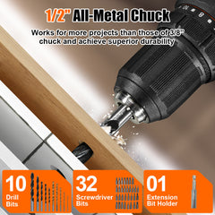 20V 13mm Brushless Electric Drill 45N.m Torque 0-1650RPM Variable Speed 43pcs Accessories