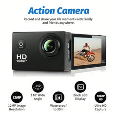 HD 1080P Sport Action Camera with 2" LCD, 5MP, 140° Wide Angle, Waterproof, 900mAh Battery for Outdoor Sports