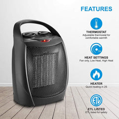 1500W Electric Warm Air Heater Fan with PTC Ceramic Thermostat - EU/US Plug