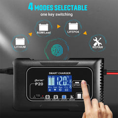 20A P20 12V-24V Smart Battery Charger For Car Motorcycle Battery Repair Charging For Auto Moto Lead Acid AGM Lithium LiFePo4 Batteries