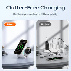 3-in-1 Wireless Charger for Phone, AirPods & Apple Watch - Capsule with 360° Rotation & Colorful Lighting, Safe Charging
