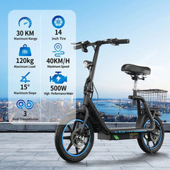 Electric Scooter 48V 13Ah Battery 500W Motor Top Speed 20KM/H 14inch Tires 30KM Max Mileage 120KG Max Load Folding E-Scooter