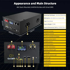 48V 320AH Energy Storage Box DIY Kit APP Bluetooth Remote Operation LED Bluetooth Status Indicator Charge Overcurrent Protection