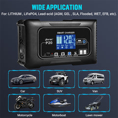 20A P20 12V-24V Smart Battery Charger For Car Motorcycle Battery Repair Charging For Auto Moto Lead Acid AGM Lithium LiFePo4 Batteries