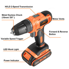 20V 10mm Electric Drill 2 Gear Speed Adjustment Switch Stepless 30N.m Torque