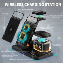 15W Fast Wireless Charger Stand with Type-C, Compatible with Phones, Watches, Earphones - Black/White, Durable Design