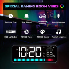 Multifunctional LED Rhythm Light Bar with Dual Alarm Clock, 15 RGB Colors, Sound Control, Night Light, Digital Thermometer, Hygrometer