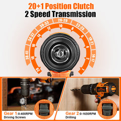 20V 13mm Brushless Impact Electric Drill 45N.m Torque 0-1650RPM Variable Speed