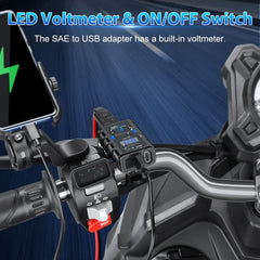 6.8A QC3.0 Waterproof Motorcycle USB Charger - Dual Ports, Quick Charge, LED Voltmeter, SAE Extension Cord Included