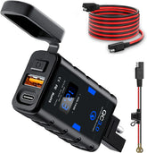 6.8A QC3.0 Waterproof Motorcycle USB Charger - Dual Ports, Quick Charge, LED Voltmeter, SAE Extension Cord Included