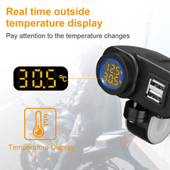Motorcycle Dual USB Charger Adapter with Real-Time Display, Waterproof, 18W Output, Handlebar Installation