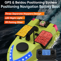 GPS RC Bait Boat 600M Remote, 99 Sites, 7-Color LED, 3 Bait Containers, 4.4lb Load, 12000mAh Battery - Smart Fishing