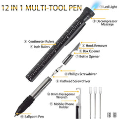 12-in-1 Multifunctional Pen with LED Light, Massager, Rulers, Screwdrivers & More - Durable, Portable Gift Set