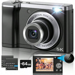 5K Digital Camera 5600 Megapixel, Auto-Focus, 10x Optical Zoom, Vlogging, IPS HD Display, 64GB SD Card