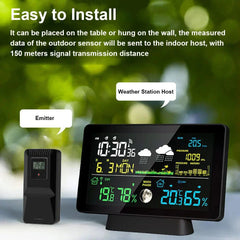 Multi-Function Wireless Weather Station - Indoor/Outdoor Thermometer with Rain Gauge, Humidity, Pressure & Color Screen Alarm Clock