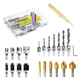 23pcs Woodworking Chamfering Countersunk Drill Bit Set 5 Flute Chamfering Drill Wood Plug Cutter Automatic Center Punch Drill