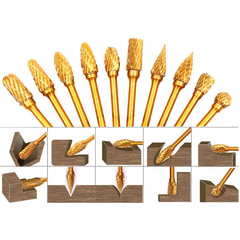 10Pcs Titanium Carbide Rotary Burr Set Double Cut Tungsten Steel Die Grinder Bits 3mm Shank and 6mm Head for Woodworking