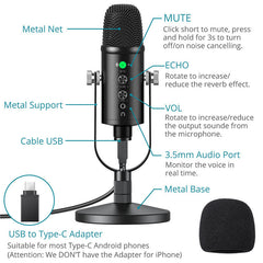 Condenser Microphone Hi-Fi DSP Noise Reduction Reverberation Adjustable Built-In Sound Card USB Wired for YouTube Broadcast Recording Gaming