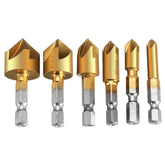 6Pcs 6-19mm Countersink Drill Bit 5 Flutes Hex Shank Titanium Coated Chamfer Cutter Set
