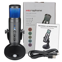 Condenser Wired Microphone RGB Light Mic for PC Laptop Live Broadcast Game Conference