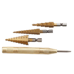 4pcs HSS Titanium Coated Step Drill Bit with Automatic Center Pin Punch 3-12/4-12/4-20mm Step Drill