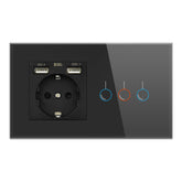 Touch Sensor Switch with Socket with USB Crystal Glass Panel Wall Socket with 3 Gang Light Switch 146*86mm 220V 16A