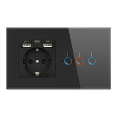 Touch Sensor Switch with Socket with USB Crystal Glass Panel Wall Socket with 3 Gang Light Switch 146*86mm 220V 16A