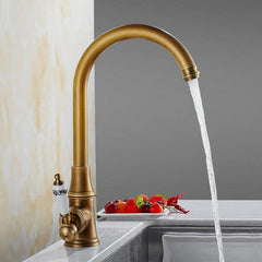 Retro Antique Brass Kitchen Sink Faucet Single Handle Rotation Spout Deck Cold and Hot Water Mixer Tap