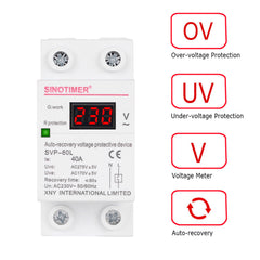 Digital Din Rail Automatic Recovery Over Under Voltage Protector with Voltmeter Display,230V AC 40A