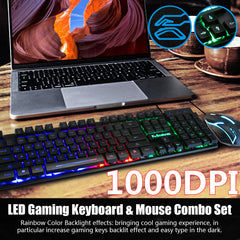 Waterproof 104key LED USB Wired Gaming Keyboard & 1000DPI Mouse Combo Set Multi-Colored Changing Backlight Mouse for Computer Desktop Notebook