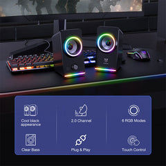Gaming Speaker 2.0 Channel RGB Light Computer Speaker Stereo Bass Touch Control Gaming Wired USB/3.5mm Speaker