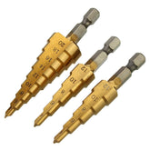 3Pcs 1/4 Inch Hex Shank HSS Titanium Coated Step Drill Bit Set 3-12/4-12/4-20mm