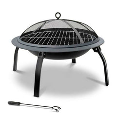 22inch Folding Steel Fire Pit BBQ Grill Round Fire Bowl Lightweight with Log Grate Mesh Cover BBQ Stove for Camping Picnic Bonfire Patio Garden