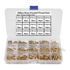 450Pcs M2 M3 M4 Brass Knurled Thread Nuts Insert Embedment Nuts Assortment Kit