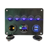 12-24V Universal 5 Gang ON/Off Toggle Rocker Switch Panel With Dual USB Charger LED Digital Voltmeter Waterproof For Car Truck Boat Marine