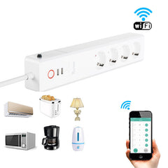 WiFi Smart Power Strip 16A Multiple Outlet Extension Cord with 2 * USB Ports / 4 * AC Outlets Remote Voice Control EU Plug Sockets