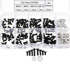 M3CH8 M3 Carbon Steel Hex Socket Flat Head Button Head Screws Flat Washers Assortment 180pcs