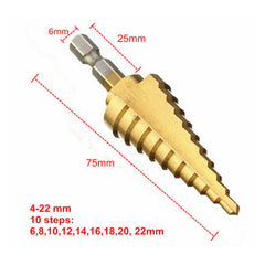 4-22mm Hex Shank Step Cone Drill Bit HSS Titanium Coated Hole Cutter