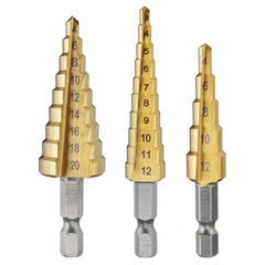 4-piece Combo Package Contains the Center Punch Locator Without Cap and 3pc Step Drills with Hexagon Shank