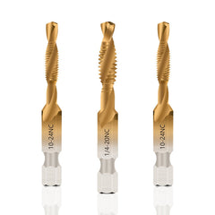 6pcs Hex Shank Spiral Flute HSS Combination Screw Tap Drill Bit Imperial Units 6-32NC to 1/4-20NC Threading Tool