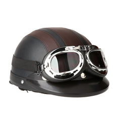 Mortorcycle Mask Detachable Goggles and Mouth Filter+ Open Face Half Leather Helmet with Vision UV 54-60cm