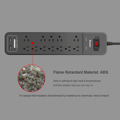 Power Strip Durable Household Socket with 12 AC Outlets 2 USB-A Charging Ports Surge Protector American Standard