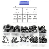 140Pcs Black Carbon Steel Nuts Hex Nut Washer Hexagonal Nuts M2-M10