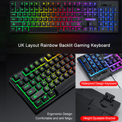 4Pcs Gaming Combo Kit 104 Keys Rainbow Backlit Keyboard Adjustable 2400DPI Mouse Wired RGB Lighting Headset with Anti-Slip Mouse Pad