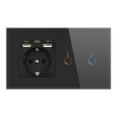 EU Touch 146*86mm 220V 16A Sensor Switch with Socket with USB Crystal Glass Panel Wall Socket with 2 Gang Light Switch