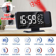 LED Digital Alarm Clock FM Radio HD Time Projection Mirror Clocks Snooze Function Temperature Humidity Display Electronic Clock Time Clock