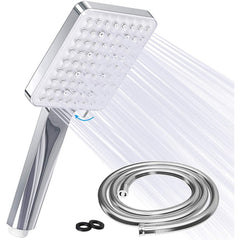 Square Shower Head With 1.5 m Stainless Steel Hose Hand 6 Jet Types Large Water-Saving High Pressure Chrome Universal For Bathing And Spa