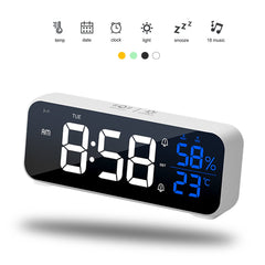 Mirror Alarm Clock LED Music Wall Digital Clock Time Temperature Humidity Display USB Rechargeable Table Clock