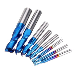 8PCS HRC55 Blue Nano Tungsten Carbide 2 Flute End Mill Set R1-R6 Milling Cutter CNC Router Bits