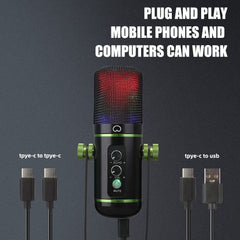 USB Microphone with RGB Breathing Light Capacitive for Live Streaming Recording Studio
